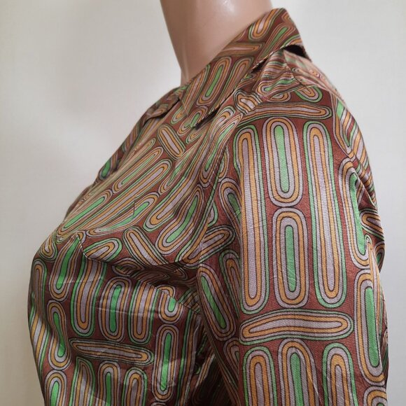 Vintage 1940s Shiny Rayon Blouse Abstract Print Button Front Brown Green Size S - Picture 8 of 11